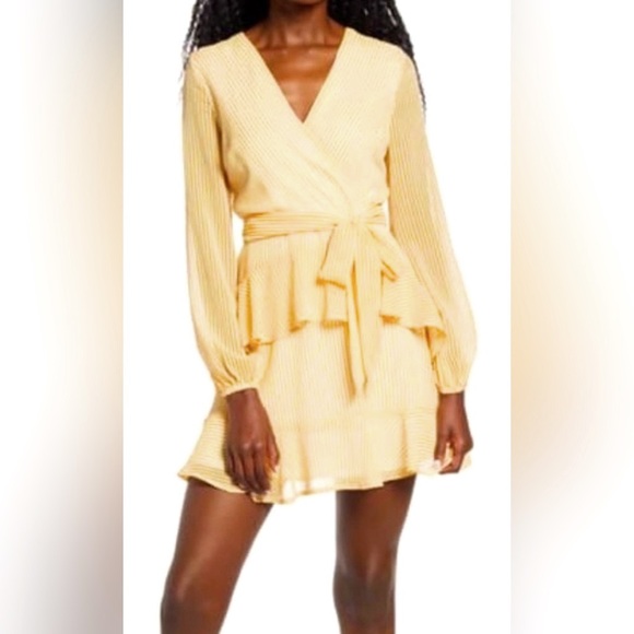 Leith Pinstripe Long Sleeve Faux Wrap Ruffle Flounced Chiffon Mini Dress. - Picture 1 of 8